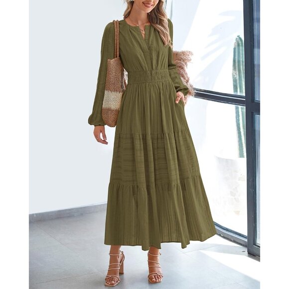 Women Army Green Long Sleeve V Neck Elastic Waist Lightweight Maxi Dress Pockets - Picture 2 of 8
